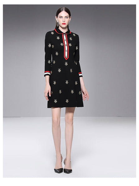 Designer Winter Black Mini Dress Women's Long Sleeve Gold Line Embroiderye Bee Lady Party Dress Vestidos