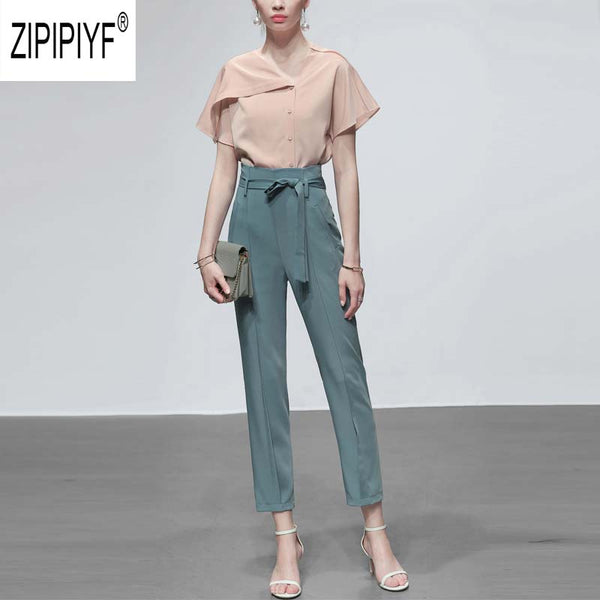 Simple Design Women Suits Asymmetric Single-breasted Short Flare Sleeve Solid Color Blouse Bow Bandage Design Long Pants