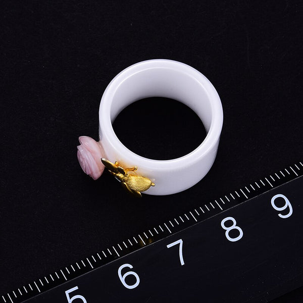 Lotus Fun Real 925 Sterling Silver Natural Handmade Fine Jewelry Ceramic Ring Cute Bee Kiss from a Rose Rings for Women Bijoux