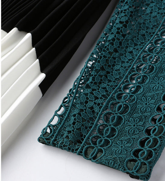 New Self Portrait Dress 2018 Runway Spring Green Patchwork White Hollow Out Lace Stand Collar Pleated Party Women Dress