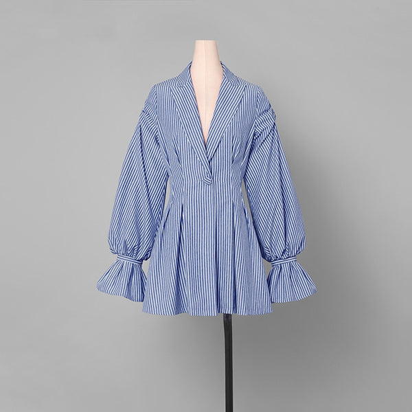 Unique Design Simple Fashion Women jacket Striped Single Button Long Lantern Sleeve Turn Down Neck Coats Casual Blazers 1111