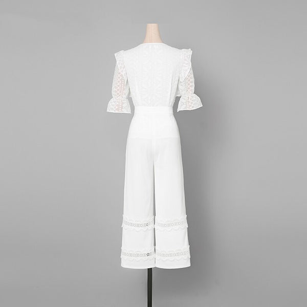 Noble Fashion Women Two Pieces Set O Neck Bow Bandage Design Ruffle White Blouse Loose Lace Patchwork Long High Waist Pant Z1465