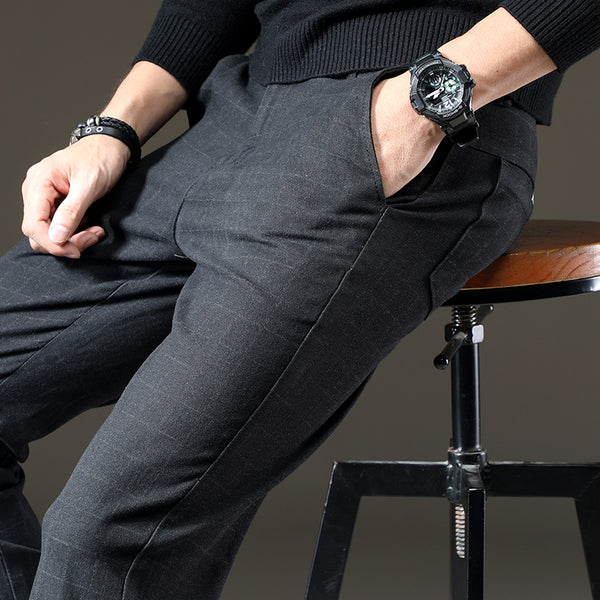 Men Casual Elastic Long Trousers Cotton Lattice Straight