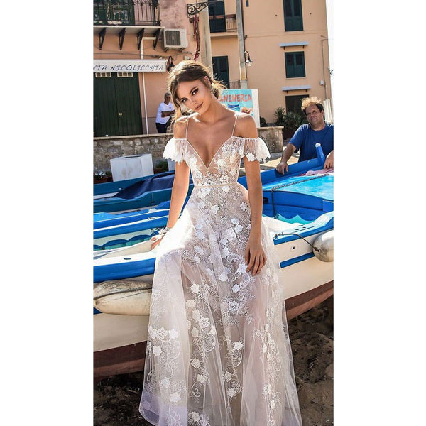 Sexy Deep V-neck Thin Paghetti Strap Flower Embroidered Ruffled Woman's Dress Solid Slim Backless Party Floor-length Dress Set