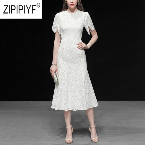 Chic Fashion Women Lace Dresses O Neck Short Butterfly Sleeve Ball Gown White Dresses Long Bodycon Casual Mid Waist Dress Z1115