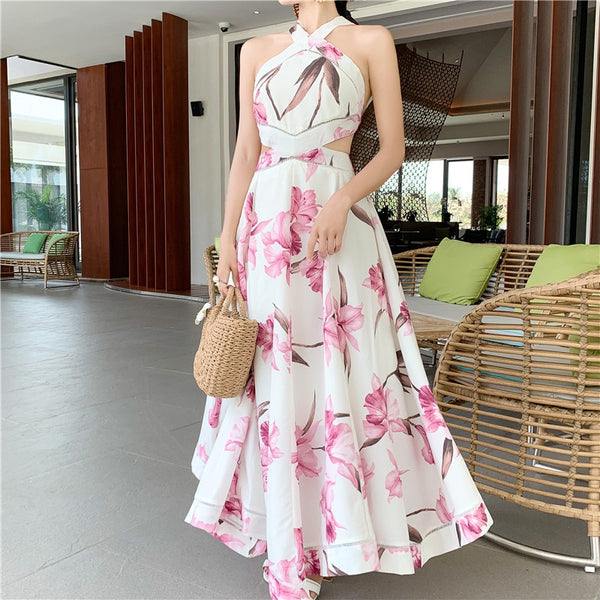Summer Holiday Long Dress 2019 Runway Women Sexy Backless Hollow Out Maxi Dress Slim Halter Beach Party Dress