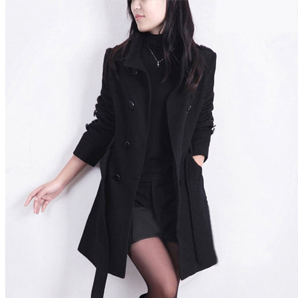 2019 Fashion Women's Woolen Coat Female Cashmere Thicker Coats Turn-down Collar Double Breasted Slim Sashes Solid Long Coat 