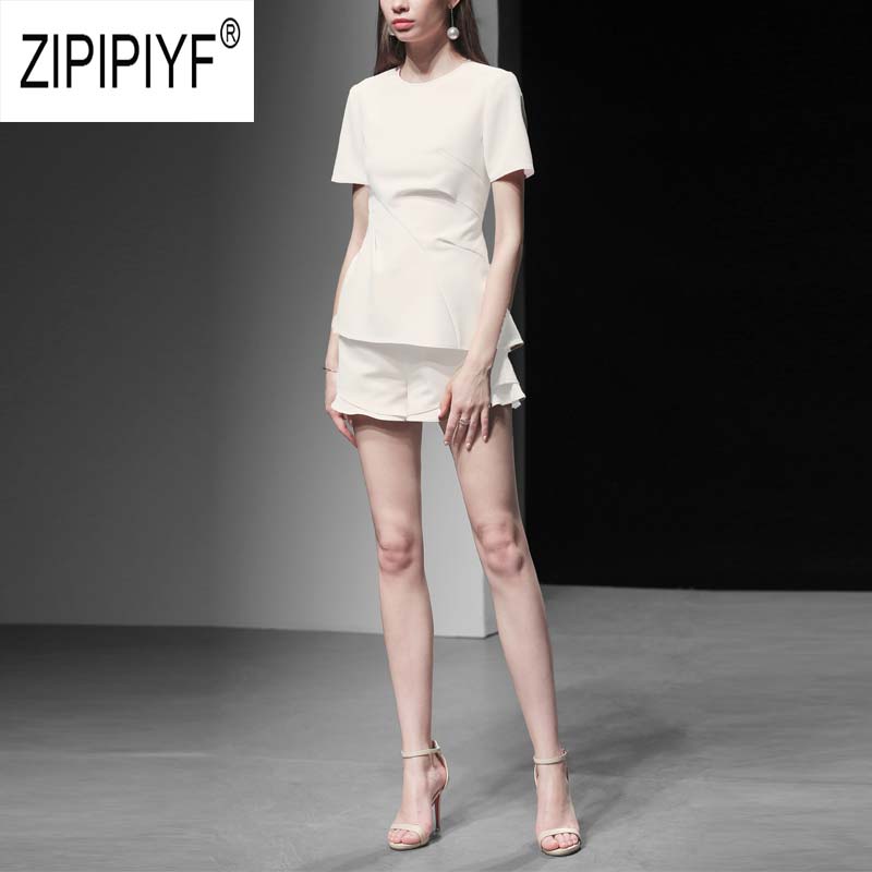 Fashion Euro Women Two Pieces Sets O Neck Short Sleeve White Office Lady Blouse Top Loose Hot Short Casual Ruffle Pants Z1360