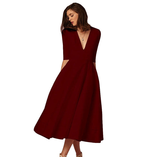 Women Sexy V-Neck Party Dress High Quality Polyester Solid Mid-Calf Dress Vintage