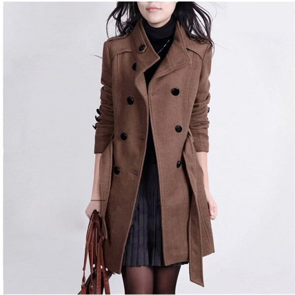 2019 Fashion Women's Woolen Coat Female Cashmere Thicker Coats Turn-down Collar Double Breasted Slim Sashes Solid Long Coat