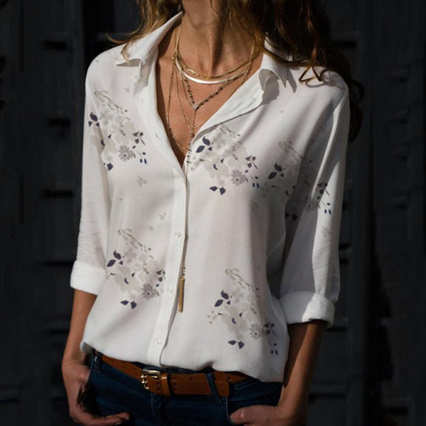 Women Blouses 2019 Fashion Floral Print Long Sleeve Turn Down Collar