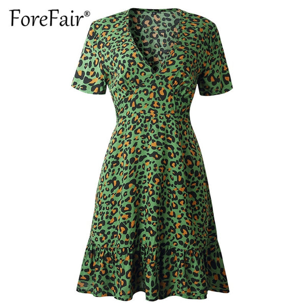 Forefair Print Leopard Dress sexy women short sleeve v neck ruffle hem high waist mini a line casual Summer Dress 2019 VESTIDOS