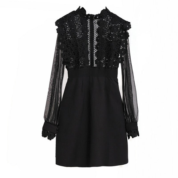 Self-Portrait Runway Patchwork Black Lace Dress 2019 Autumn Women's Long Sleeve Flower Embroidery Crochet Hollow Out Mini Dress
