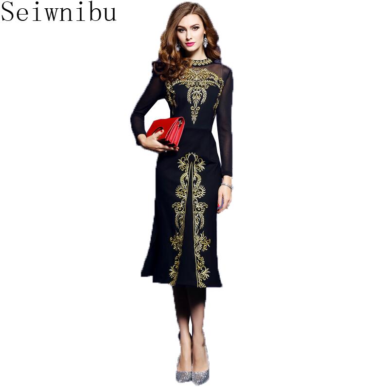 Seiwnibu Plus Size Autumn Women Black Dress 2018 Runway Gold Embroidery Long Sleeve Stretch Elegant Split Party Dress Vestidos