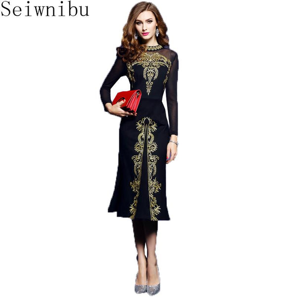 Seiwnibu Plus Size Autumn Women Black Dress 2018 Runway Gold Embroidery Long Sleeve Stretch Elegant Split Party Dress Vestidos