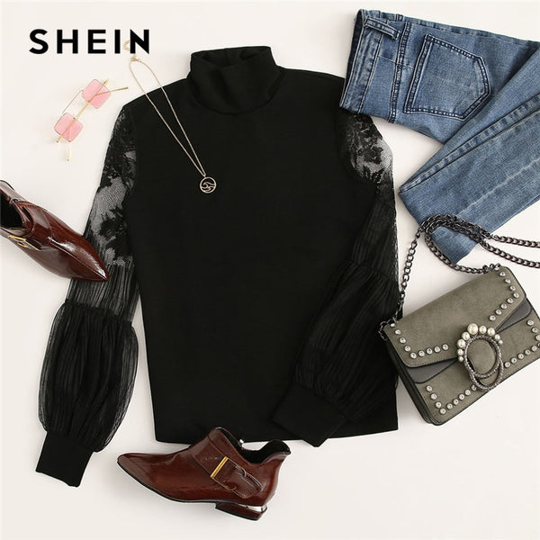 Women Black High Neck Lace Lantern Sleeve Top Fashion Mesh Blouse Women's Long Sleeve Pattern Printing Ladies Tops