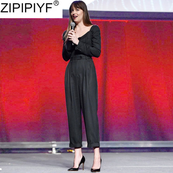 High Quality 2019 Spring Fashion Women Striped Junpant Casual Square Collar Long Sleeve Wide Leg Ankle-Length Jumpant Q039