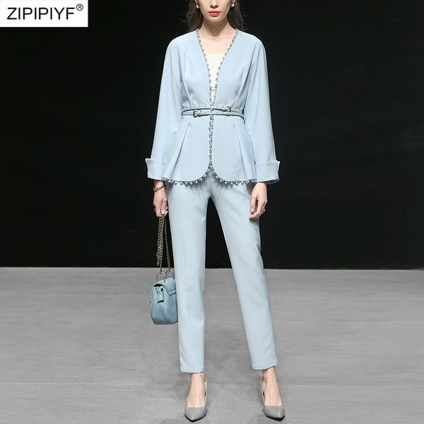 2019 Women Fashion Pants Set Elegant Patchwork Ribbed Beading Embellished Coat Belted and Ankle Length Pencil Skinny Pants C9025