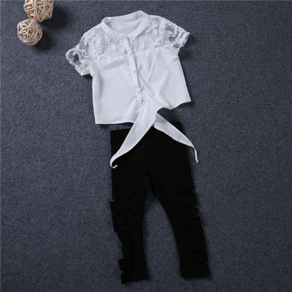 Spring Summer Girls Clothing Sets, Short Sleeve Lace T-shirt Black Hole Legging Pants 2 PCS/set