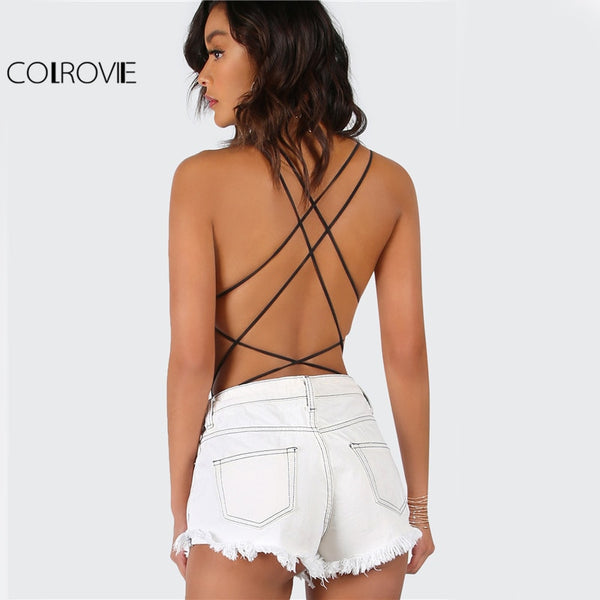 Strappy Backless Bodysuit Women Black Sleeveless Summer Beach Hot Bodysuits Navy Scoop Neck Cross Slim Cami Bodysuit