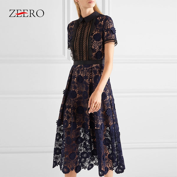 Self Portrait Runway Women Dress 2018 Summer Fashion Elegant Short Sleeve Lace Hollow Out Patchwork Female Midi Calf Party Dress