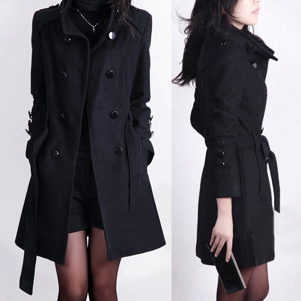 2019 Fashion Women's Woolen Coat Female Cashmere Thicker Coats Turn-down Collar Double Breasted Slim Sashes Solid Long Coat 