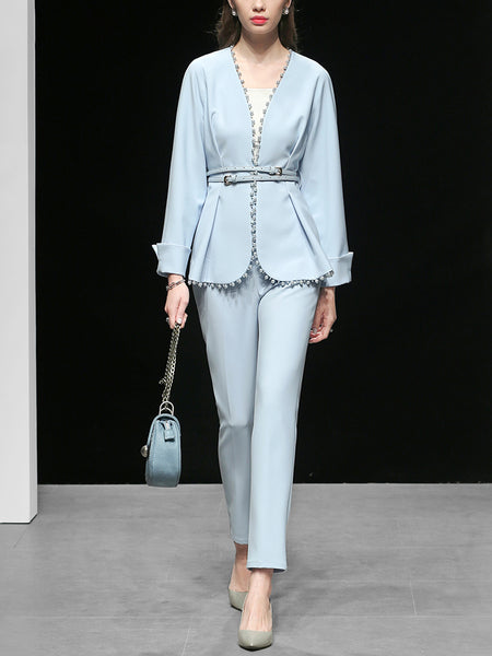 2019 Women Fashion Pants Set Elegant Patchwork Ribbed Beading Embellished Coat Belted and Ankle Length Pencil Skinny Pants C9025