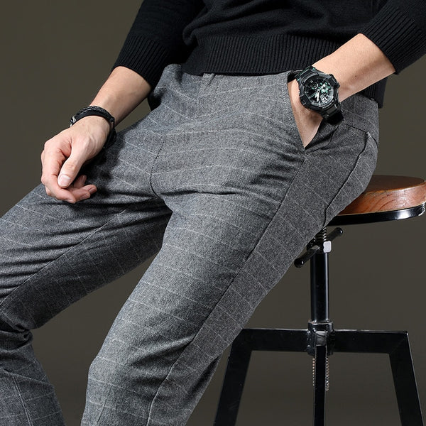 Men Casual Elastic Long Trousers Cotton Lattice Straight