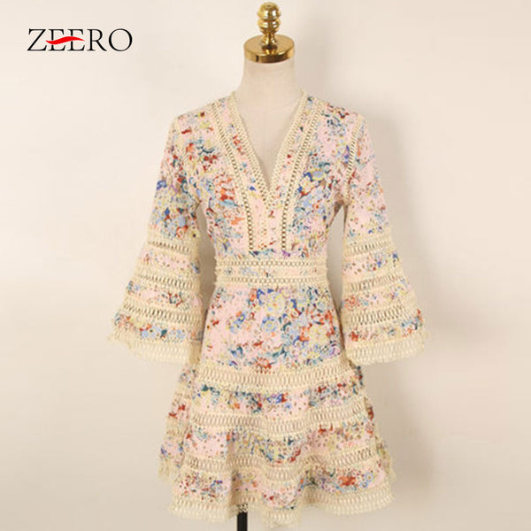 ZEERO High End Self Portrait Boho Women Dress Autumn 2018 Bodycon Sexy Flare Sleeve Mini Dress Dresses Woman Party Night