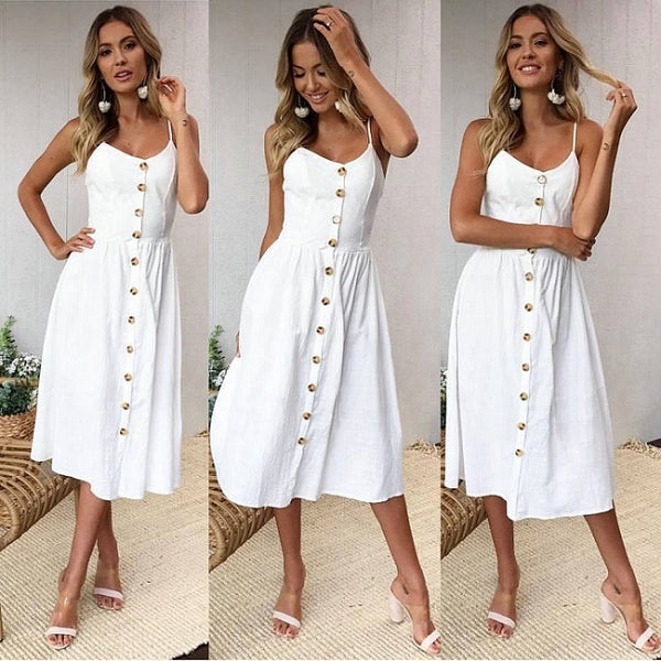 Sleeveless Backelss Sexy Summer Dress Women 2019 Black White Casual Dress Spaghetti Strap Dresses Button midi Sundress female