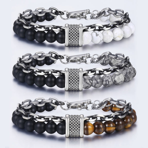 Trendsmax Natural Map Stone Men's Beaded Bracelet for women Stainless Steel Bracelets