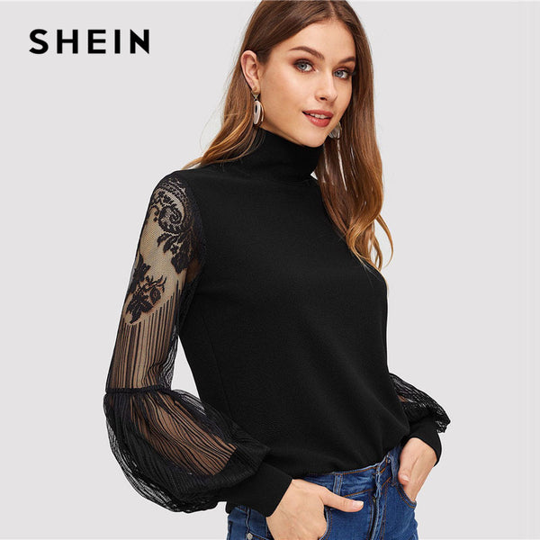 Women Black High Neck Lace Lantern Sleeve Top Fashion Mesh Blouse Women's Long Sleeve Pattern Printing Ladies Tops
