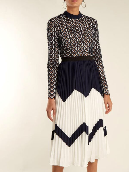 Self-portrait Hollow out Embroidery Lace Dress Women Long Sleeve Hit Color Patchwork Chiffon Pleated Dress 2019 Fall Long Dress