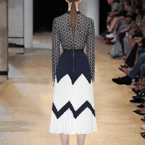 Self-portrait Hollow out Embroidery Lace Dress Women Long Sleeve Hit Color Patchwork Chiffon Pleated Dress 2019 Fall Long Dress