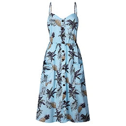 Women Fashion Print Summer Beach Dress With Pocket