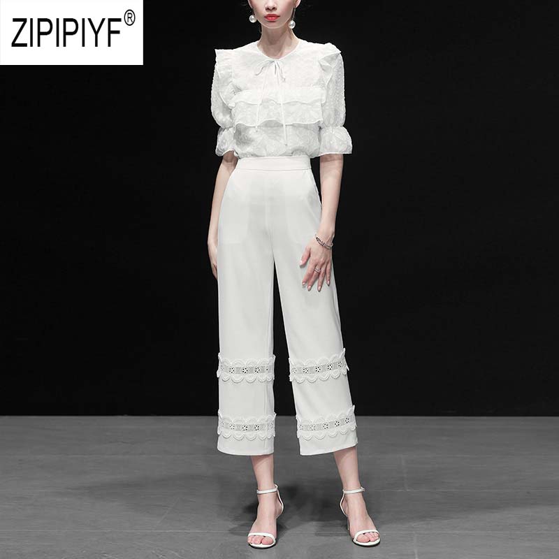 Noble Fashion Women Two Pieces Set O Neck Bow Bandage Design Ruffle White Blouse Loose Lace Patchwork Long High Waist Pant Z1465