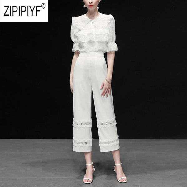 Noble Fashion Women Two Pieces Set O Neck Bow Bandage Design Ruffle White Blouse Loose Lace Patchwork Long High Waist Pant Z1465