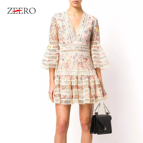ZEERO High End Self Portrait Boho Women Dress Autumn 2018 Bodycon Sexy Flare Sleeve Mini Dress Dresses Woman Party Night