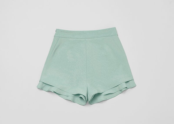 Simple Design Women Two Pieces Sets O Neck Solid Color Short Sleeve Wrinkle Office Lady Blouse Top Short Ruffle Pants Z1359