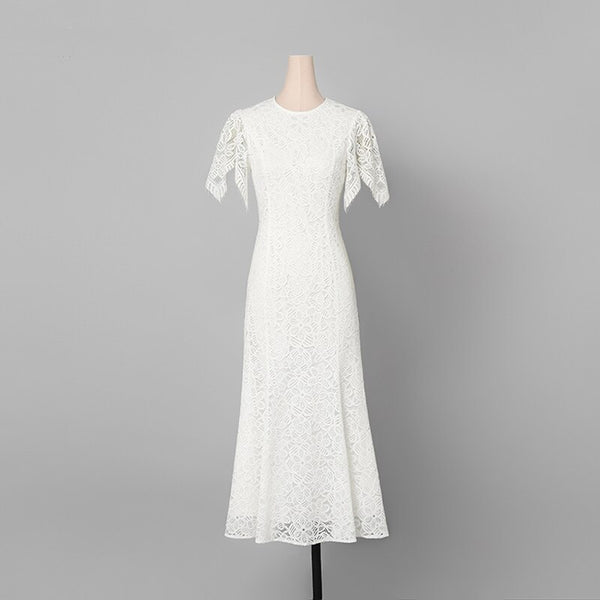 Chic Fashion Women Lace Dresses O Neck Short Butterfly Sleeve Ball Gown White Dresses Long Bodycon Casual Mid Waist Dress Z1115