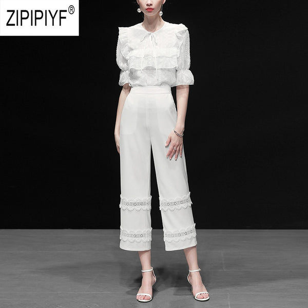 Noble Fashion Women Two Pieces Set O Neck Bow Bandage Design Ruffle White Blouse Loose Lace Patchwork Long High Waist Pant Z1465
