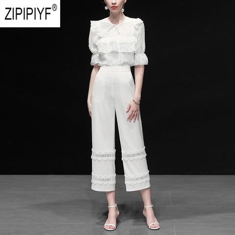 Noble Fashion Women Two Pieces Set O Neck Bow Bandage Design Ruffle White Blouse Loose Lace Patchwork Long High Waist Pant Z1465