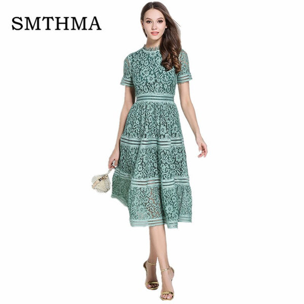 SMTHMA Green/Pink lace stitching Hollow out summer dress 2019 fashion Runway vestidos elegant evening party Casual Dresses