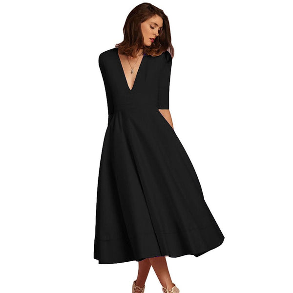 Women Sexy V-Neck Party Dress High Quality Polyester Solid Mid-Calf Dress Vintage