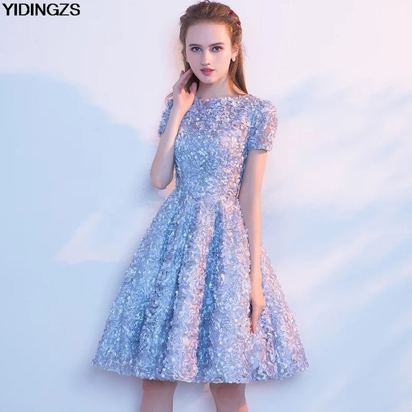 YIDINGZS Elegant Gray Lace Prom Dress Simple Short Party Formal Gown