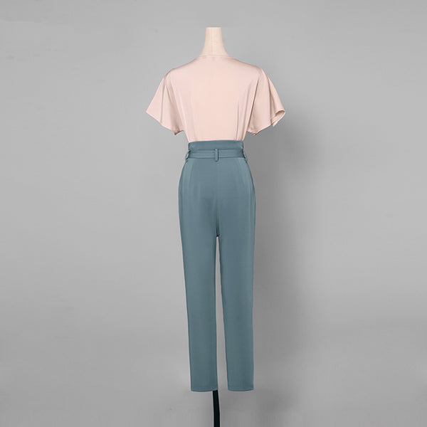 Simple Design Women Suits Asymmetric Single-breasted Short Flare Sleeve Solid Color Blouse Bow Bandage Design Long Pants 