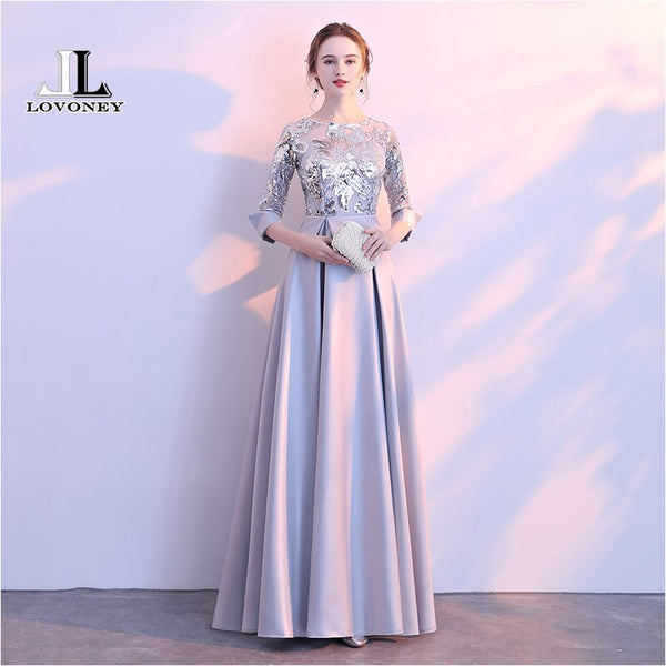LOVONEY A Line Sequins Golden Evening Dress Long Prom Party Dresses Evening Gown Formal Dress Women Elegant Robe De Soiree M254