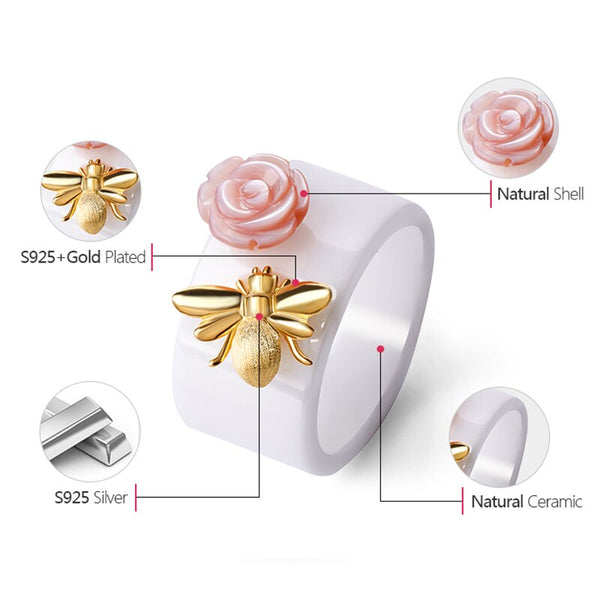 Lotus Fun Real 925 Sterling Silver Natural Handmade Fine Jewelry Ceramic Ring Cute Bee Kiss from a Rose Rings for Women Bijoux