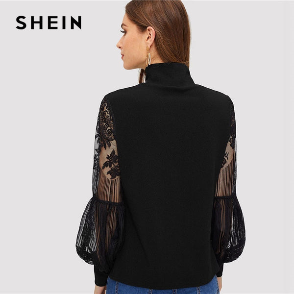 Women Black High Neck Lace Lantern Sleeve Top Fashion Mesh Blouse Women's Long Sleeve Pattern Printing Ladies Tops