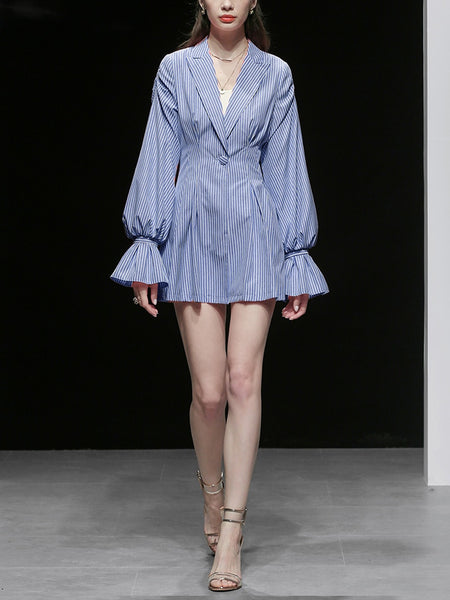 Unique Design Simple Fashion Women jacket Striped Single Button Long Lantern Sleeve Turn Down Neck Coats Casual Blazers 1111